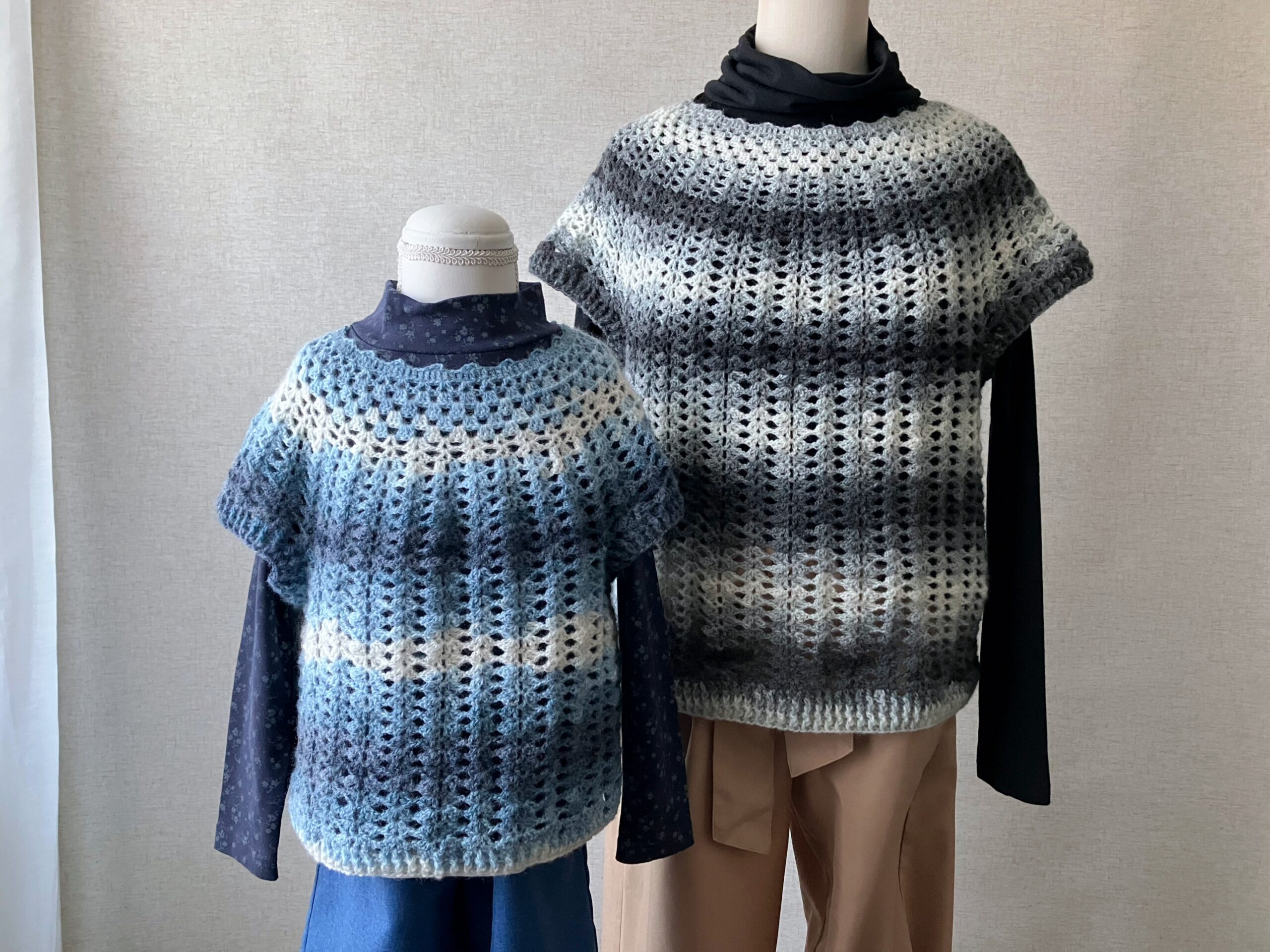 着丈55㎝手編み丸ヨークセーター　レディース紺